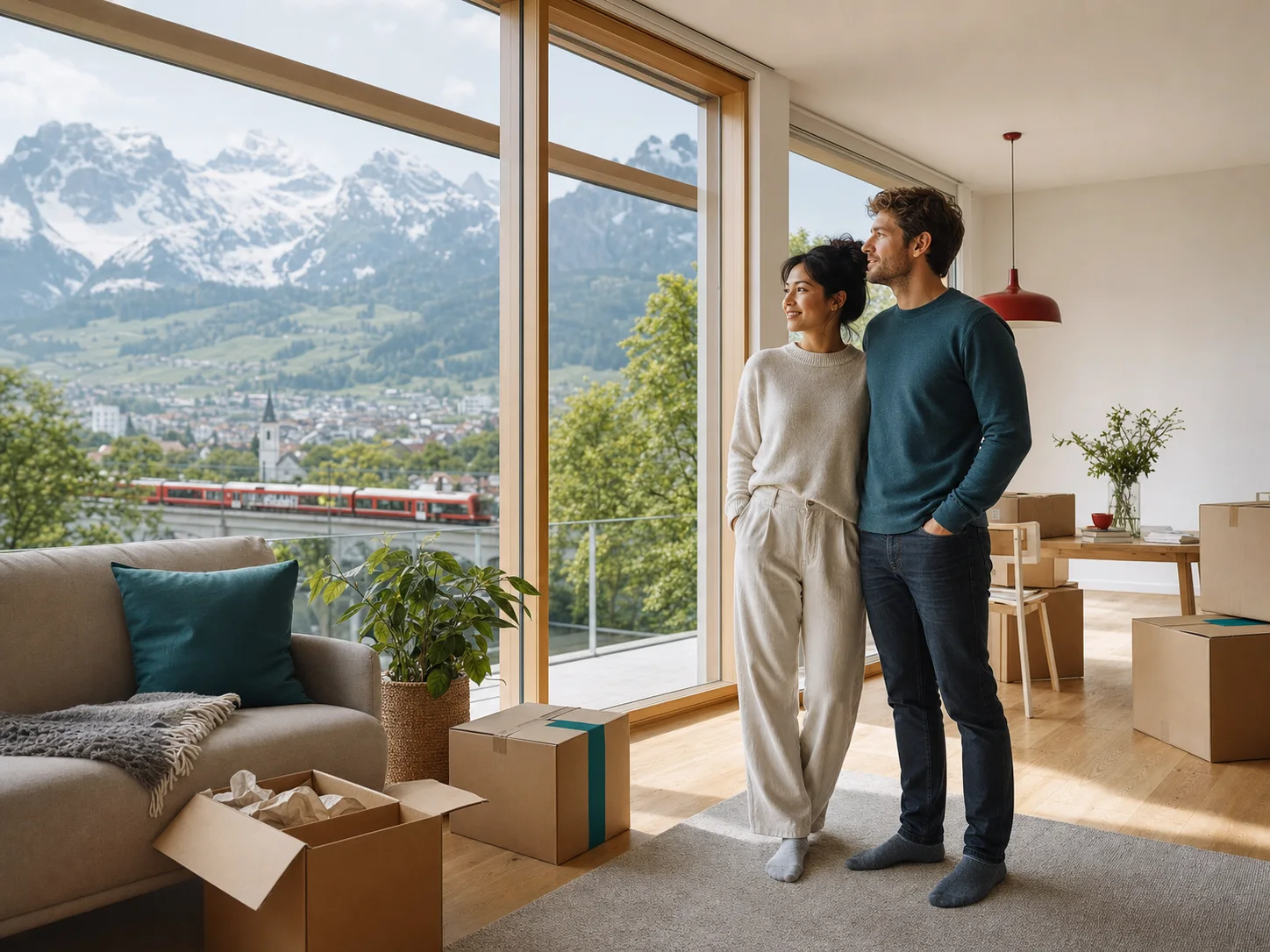 Ein Paar kommt in seinem neuen Zuhause in der Schweiz an